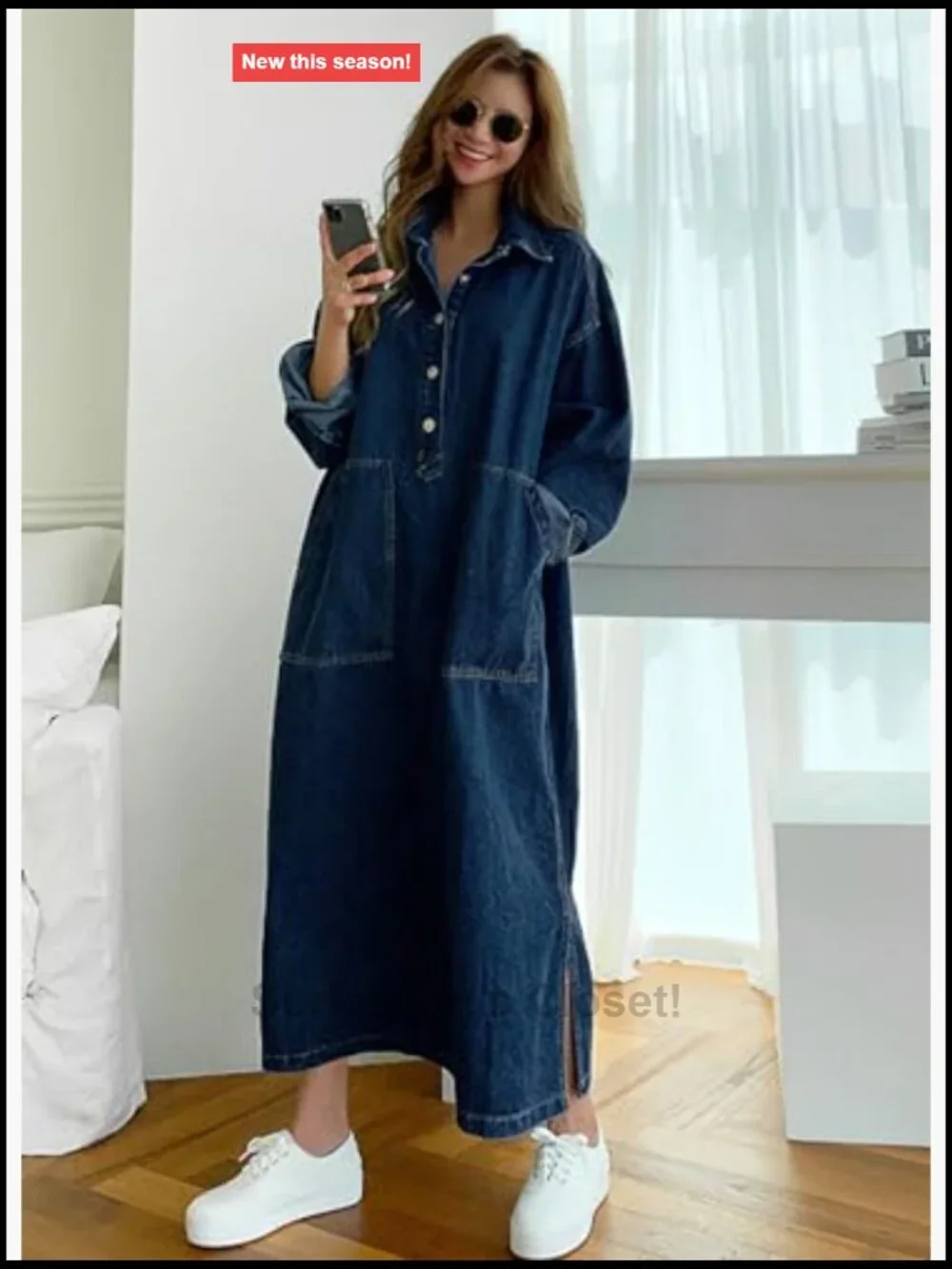 Women's Casual Maxi Denim Dress Long Sleeve Button Down Jean
